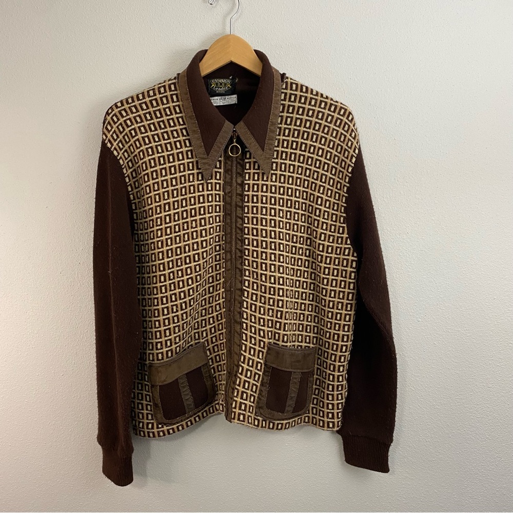 Fashion Leader Vintage Brown Tan Full Zip Leather Lining  Print Sweater Womens L